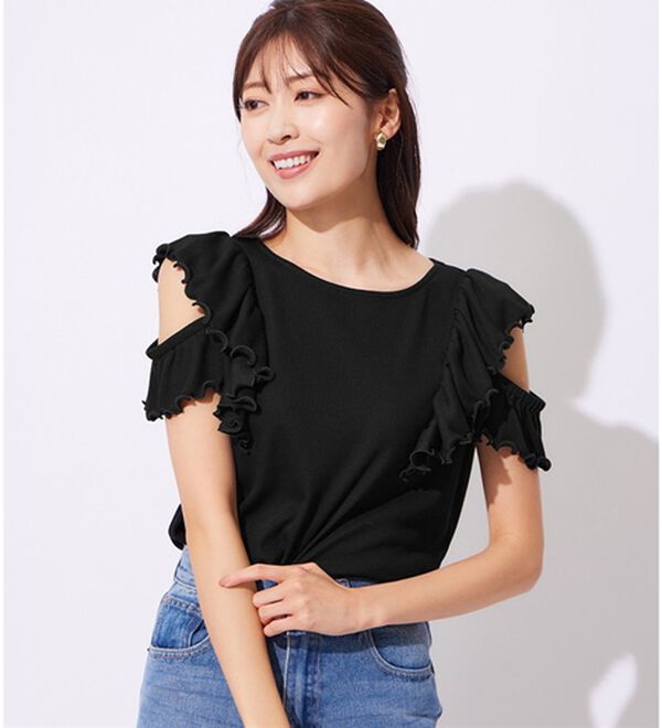 alotta（アロッタ）の「オープンショルダーテレコリブトップス（カットソー）」｜ブラック