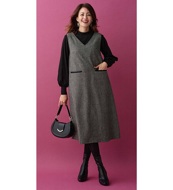 BELLUNA（ベルーナ）の「ツイード素材合皮使いジャンパードレス（ジャンパースカート）」｜詳細画像