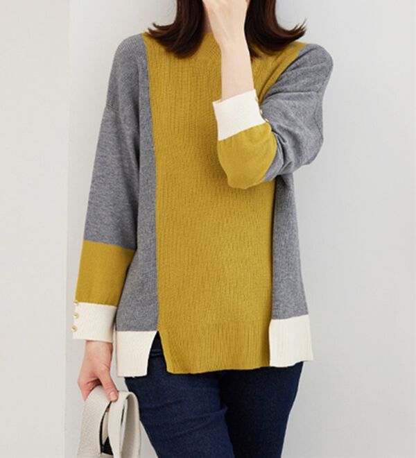 BELLUNA（ベルーナ）の「配色デザイン編地切替ニットプルオーバー（ニット・セーター）」｜詳細画像