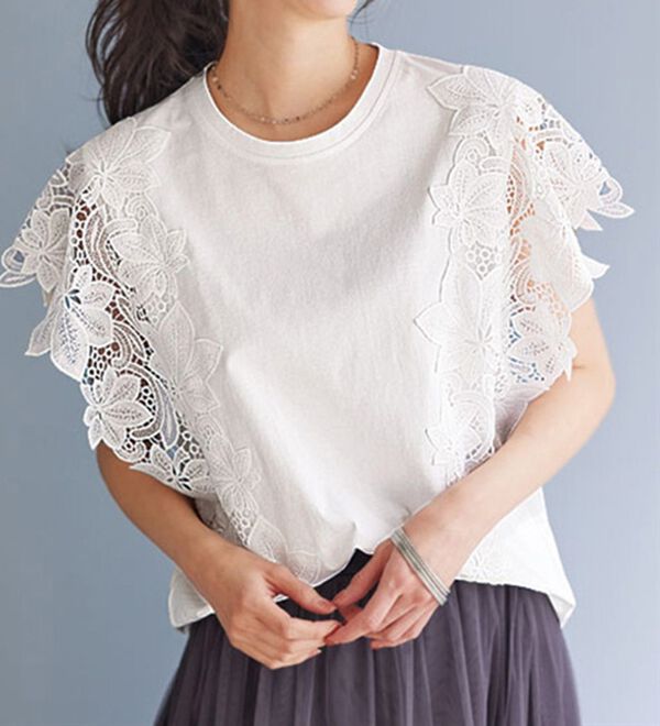 BELLUNA（ベルーナ）の「ひんやり！袖レースがかわいい大人のＴシャツ（カットソー）」｜詳細画像