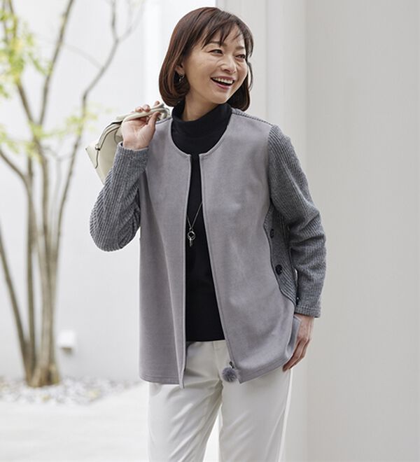 リブ使いスエード調ジャケット（ミンクボール付） - ベルーナ【公式】