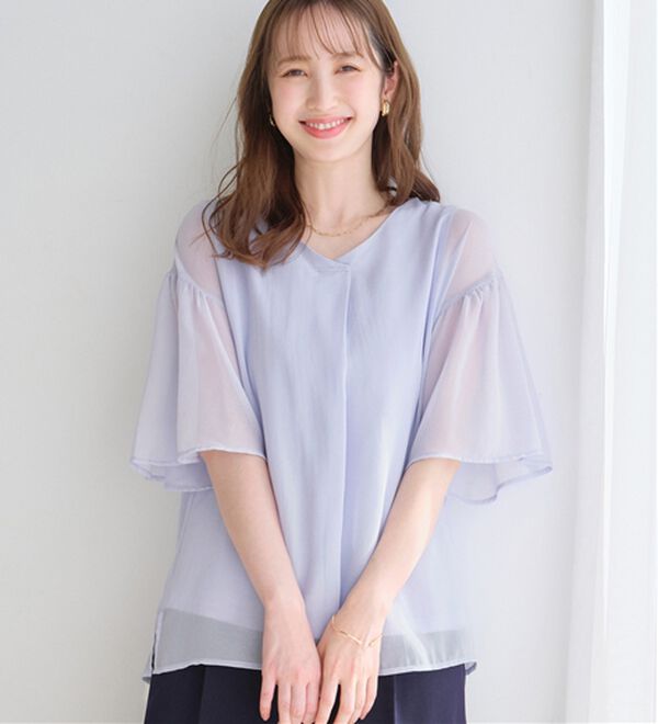 alotta（アロッタ）の「【接触冷感】インナー付フレアー袖タックブラウス（ブラウス）」｜サックス