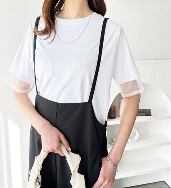 GeeRA（ジーラ）の「綿１００％袖シアー切替シルケットＴシャツ（Tシャツ）」｜詳細画像