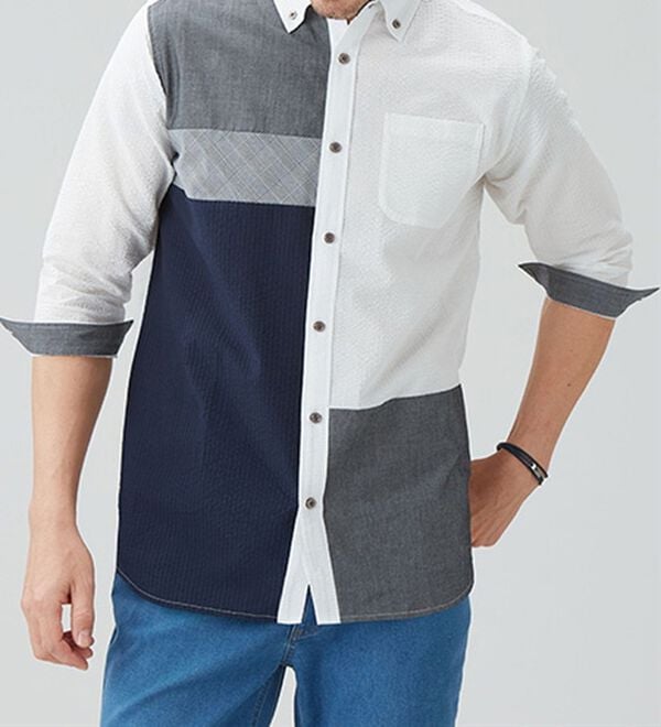 「＜ザ　ショップ　ティーケー＞異素材使いシアサッカー７分袖シャツ（メンズシャツ）」｜詳細画像