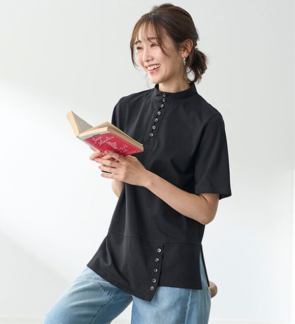 BELLUNA（ベルーナ）の「汗染み対策！綿１００％多ボタンハイネックＴシャツ（カットソー）」｜詳細画像