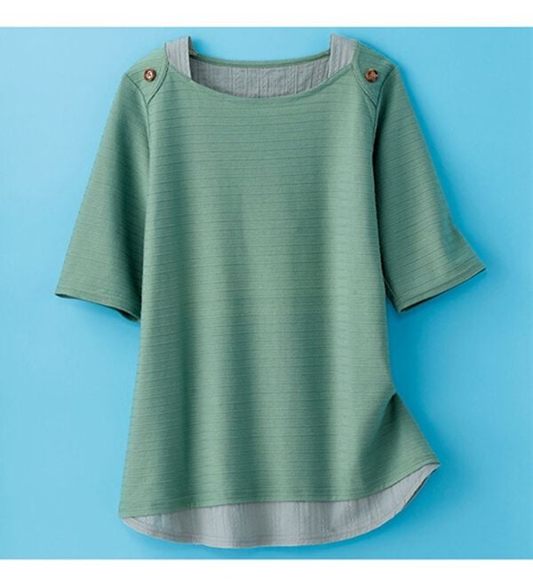 BELLUNA（ベルーナ）の「ひんやり冷感！タックジャカード素材重ね着風プルオーバー（カットソー）」｜詳細画像