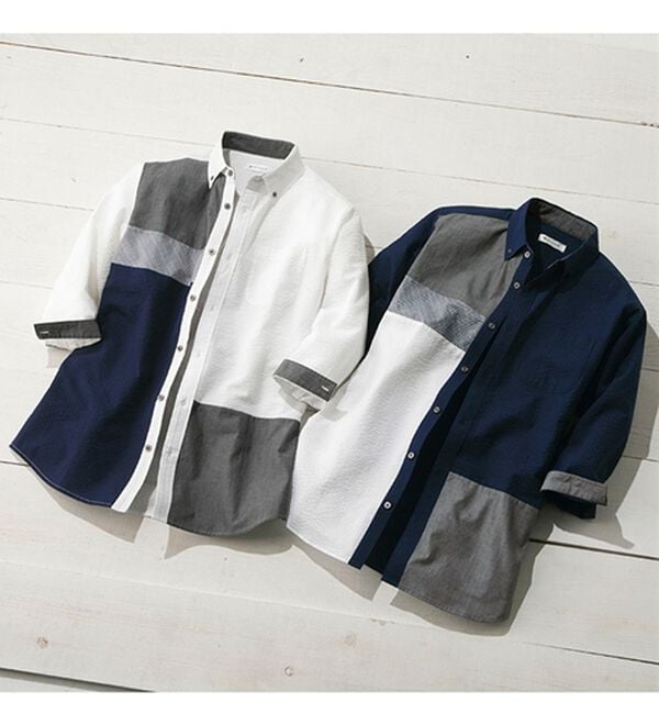 「＜ザ　ショップ　ティーケー＞異素材使いシアサッカー７分袖シャツ（メンズシャツ）」｜詳細画像