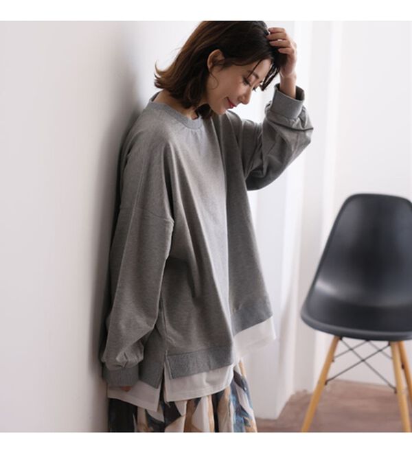 A HAPPY MARILYN（アハッピーマリリン）の「【Ｌ～１０Ｌ】ゆるっと楽ちん！着ぶくれ回避の　重ね着風　ミニ裏毛　プルオーバー（カットソー）」｜詳細画像