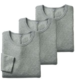 「【３枚組】丸編み仕様の軽ふわキルトインナー　長袖丸首（メンズ肌着・インナーウェア）」｜杢グレー