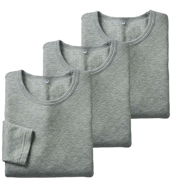 「【３枚組】丸編み仕様の軽ふわキルトインナー　長袖丸首（メンズ肌着・インナーウェア）」｜杢グレー