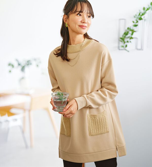 BELLUNA（ベルーナ）の「裏起毛素材ニット切替チュニック（チュニック）」｜詳細画像