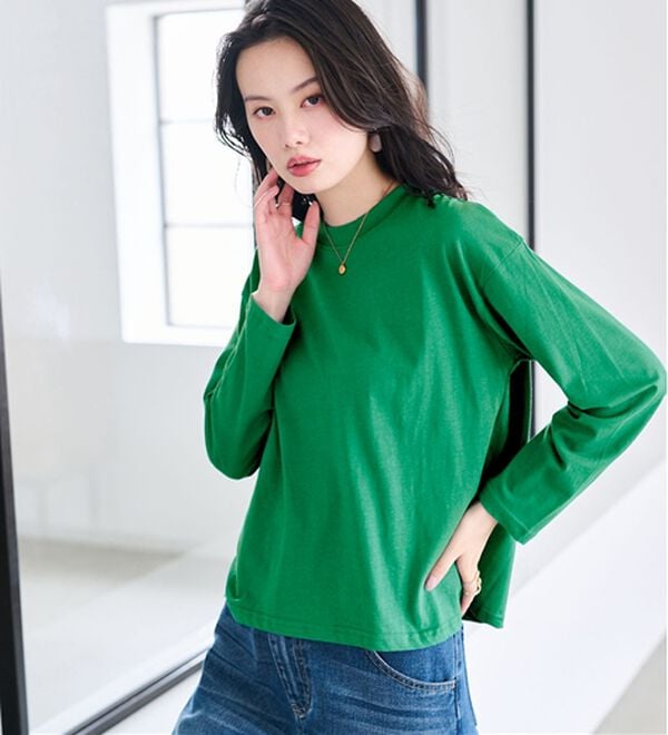RANAN（ラナン）の「【選べる袖丈】ひんやり！＜BC＞綿100％プチハイネックＴシャツ（カットソー）」｜ブライトグリーン（長袖）