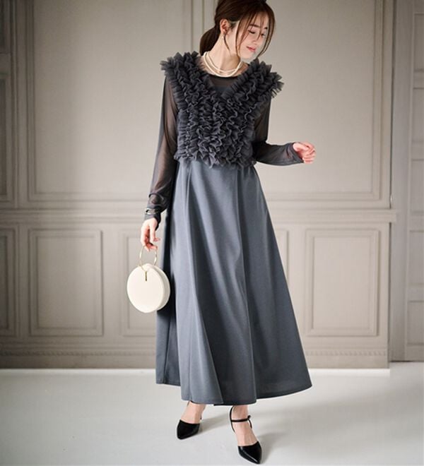 RANAN（ラナン）の「＜３点セット＞チュールフリルベストフレアワンピース（その他ワンピース）」｜グレー系