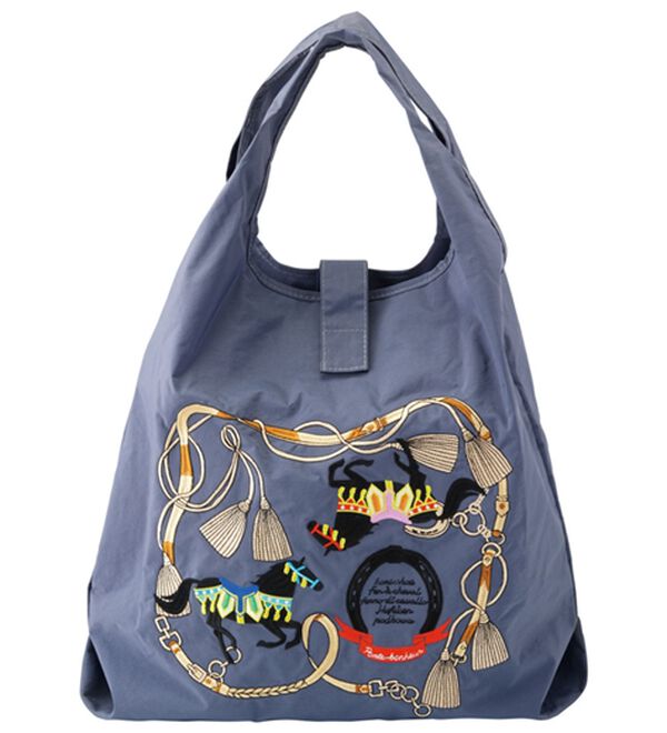 「折りたためるホース刺繍バッグ（トートバッグ）」｜ネイビー