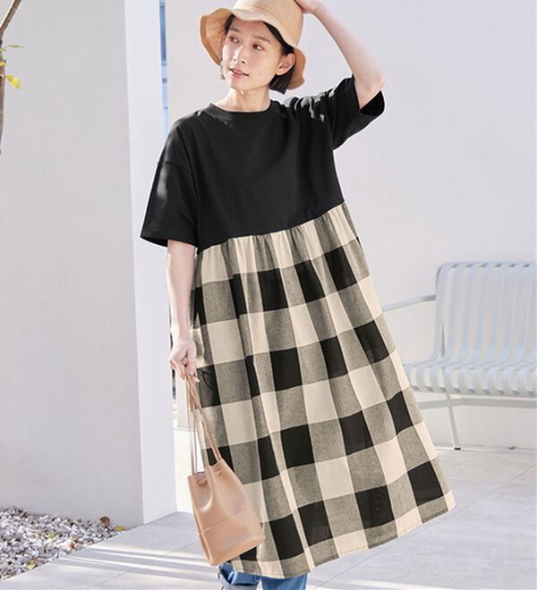 Viola e Viola（ヴィオラ エ ヴィオラ）の「さらひやりコーデ楽ちんドッキングワンピ―ス（ドッキングワンピース）」｜ブラック系チェック