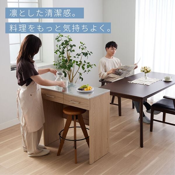 iellio（イエリオ）の「ステンレス天板ゴミ箱カウンター＜家電収納レンジ台・デッドスペース収納・作業台・木目調・ゴミ箱上収納＞（調理台・キッチンカウンター）」｜詳細画像