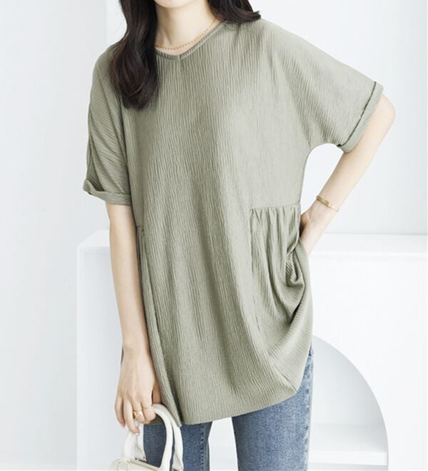alotta（アロッタ）の「【４つの機能付】さらり軽やか楊柳カットソーギャザーチュニック（チュニック）」｜詳細画像