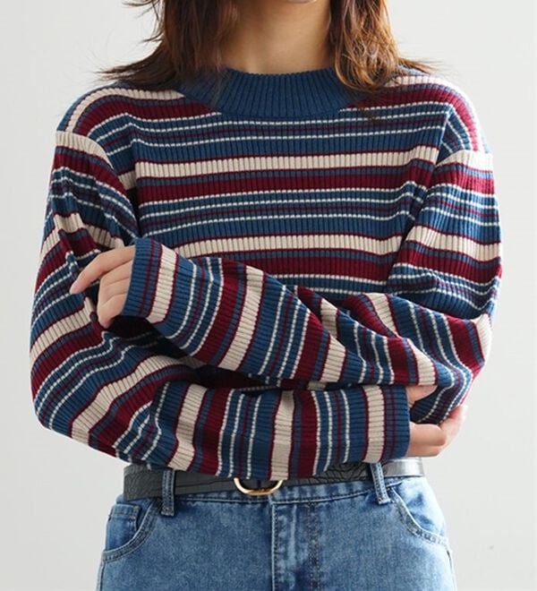 A HAPPY MARILYN（アハッピーマリリン）の「【ＬＬ～６Ｌ】＜新色追加＞Ｔシャツ感覚で着れるカメレオン級の着回しが叶うリブニット（ニット・セーター）」｜ボーダー／インクブルー