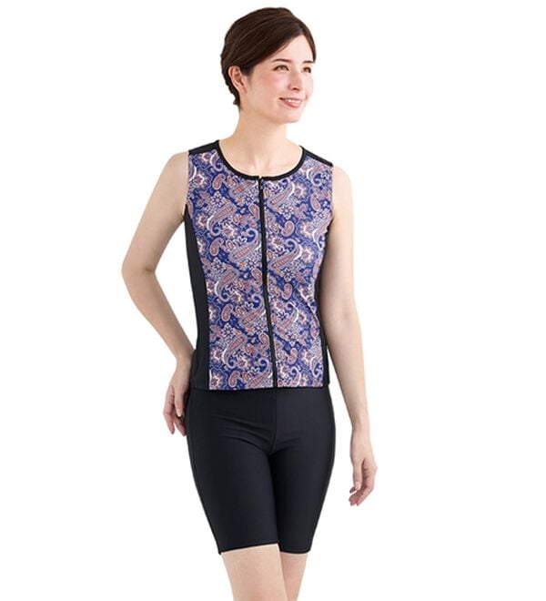 「【３点セット】フィットネス水着３点セット（水着・スイムウェア）」｜ペイズリー(ノースリーブブルー)