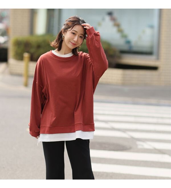 A HAPPY MARILYN（アハッピーマリリン）の「【Ｌ～１０Ｌ】ゆるっと楽ちん！着ぶくれ回避の　重ね着風　ミニ裏毛　プルオーバー（カットソー）」｜詳細画像