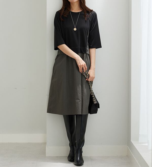 BELLUNA（ベルーナ）の「異素材切替ボタン使い配色ワンピース（その他ワンピース）」｜詳細画像