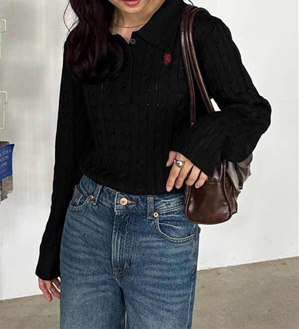 RANAN（ラナン）の「＜Ｕ．Ｓ．Ｐ＞刺繍長袖ケーブルポロニット（ニット・セーター）」｜詳細画像