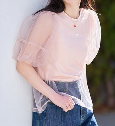 RANAN（ラナン）の「【ひんやり】チュールレイヤードパフスリーブTシャツ（カットソー）」