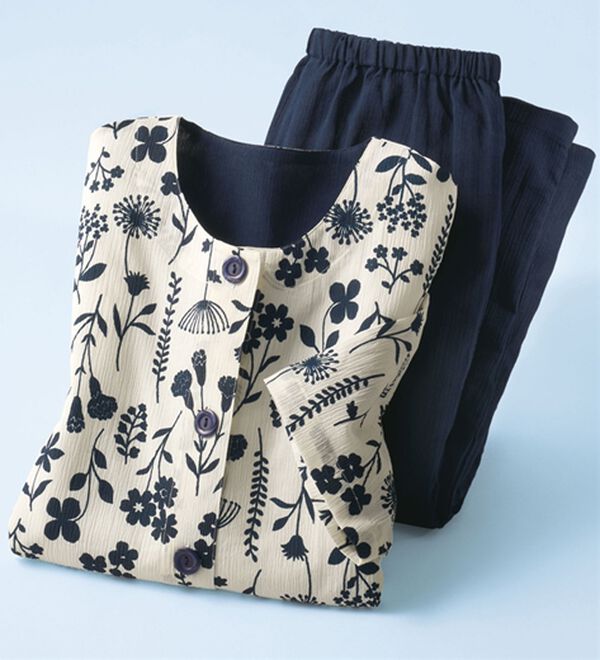 「選べて嬉しい楊柳パジャマ（パジャマ・ルームウェア）」｜丸首オフ白