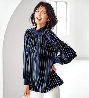 BELLUNA（ベルーナ）の「衿＆袖ニット使い美人顔ブラウス（ブラウス）」｜ネイビー系ストライプ