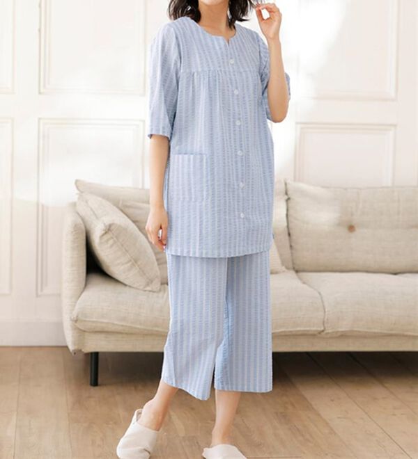 LAVIENNE（ラヴィエンヌ）の「【蒸し暑い夜も快適】綿１００％サッカーパジャマ（パジャマ・ルームウェア）」｜詳細画像