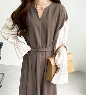 GeeRA（ジーラ）の「ブラウスレイヤード風ドッキングワンピース（カットソーワンピース）」｜モカ系