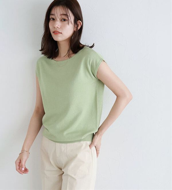 Pierrot（ピエロ）の「【選べる２ネック】シルクタッチフレンチスリーブニット（ニット・セーター）」｜詳細画像