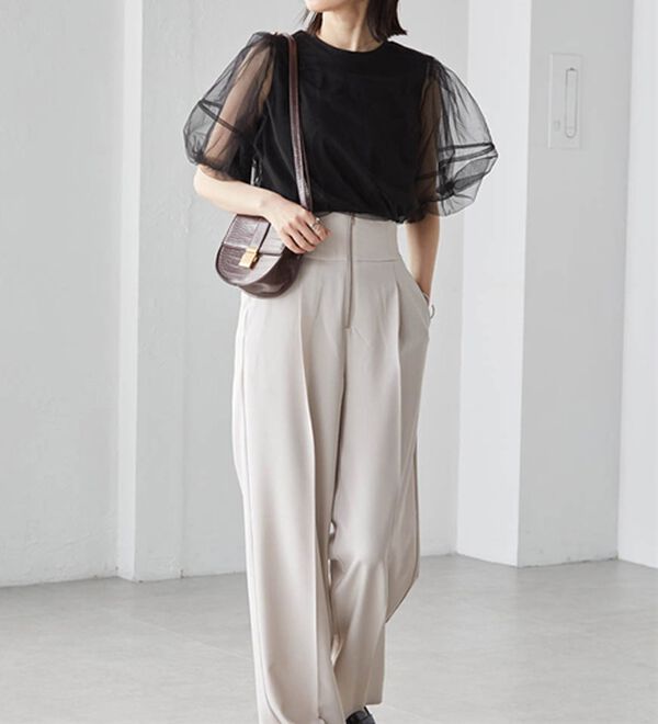 RANAN（ラナン）の「【ひんやり】チュールレイヤードパフスリーブTシャツ（カットソー）」｜詳細画像