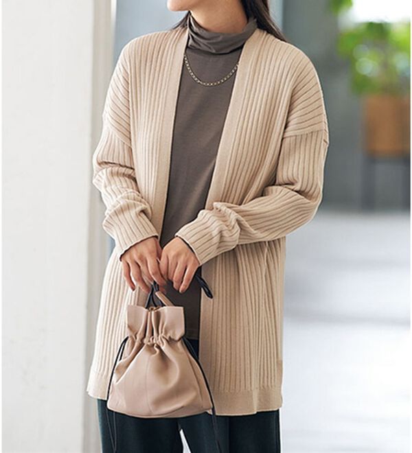 BELLUNA（ベルーナ）の「ハピネスコットン１００％ニットリブトッパーカーディガン（ニットカーディガン）」｜ベージュ