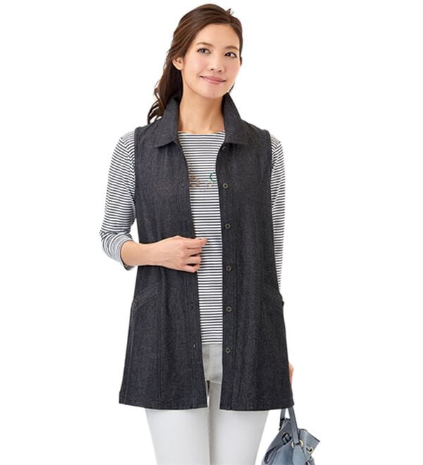 「すっきり見えるデニムロングベスト（ベスト）」｜ブラック