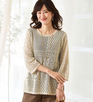 BELLUNA（ベルーナ）の「綿麻混素材パッチワーク柄ニット（ニット・セーター）」｜アイボリー