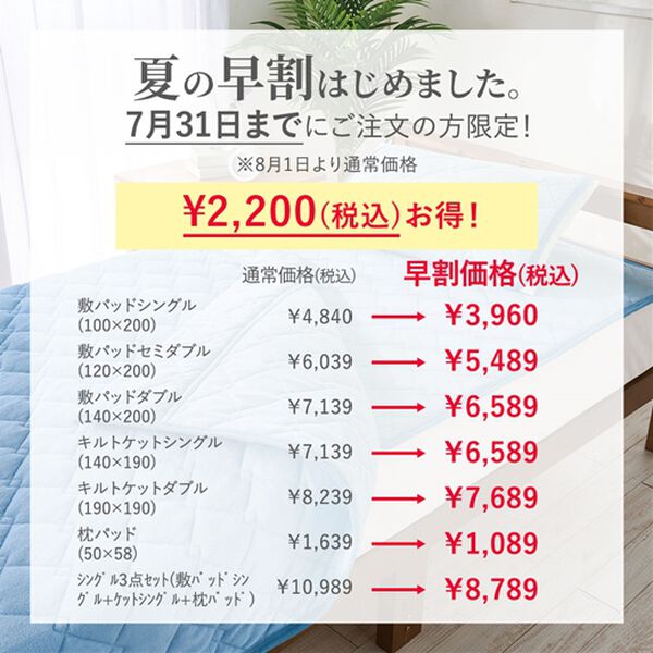 「【８／３まで早割】ベルクールプレミアム冷たさが続くリバーシブル軽寝具＜冷感ケット・掛け布団・敷パッド・枕カバー・タオル地＞（敷パッド）」｜詳細画像