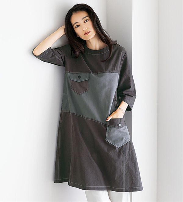 BELLUNA（ベルーナ）の「１枚で決まる配色切替チュニックワンピース（チュニックワンピース）」｜グレー系