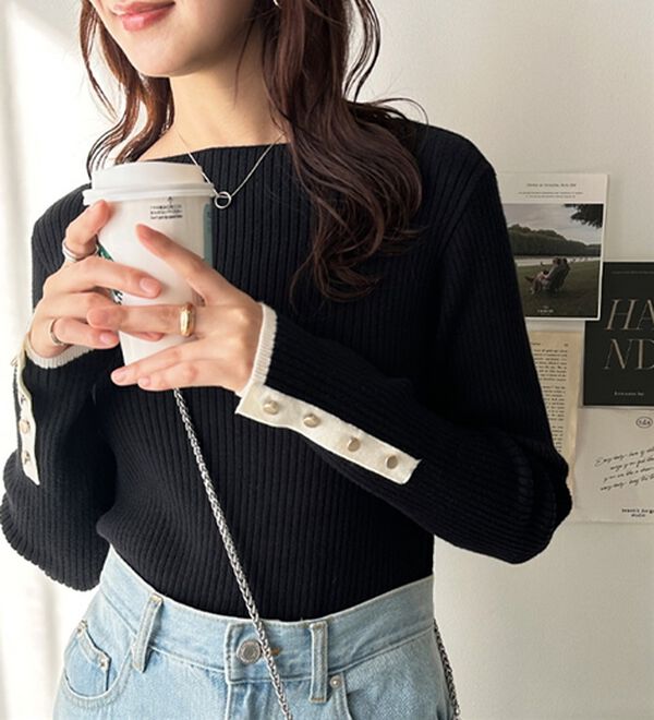 GeeRA（ジーラ）の「袖口ボタン配色ボートネックリブニット（ニット・セーター）」｜詳細画像