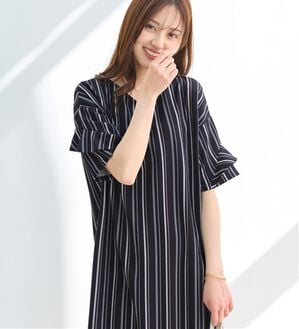 alotta（アロッタ）の「【４つの機能付】ひんやりフリル袖Ｔシャツワンピース（シャツワンピース）」｜ネイビー系ストライプ