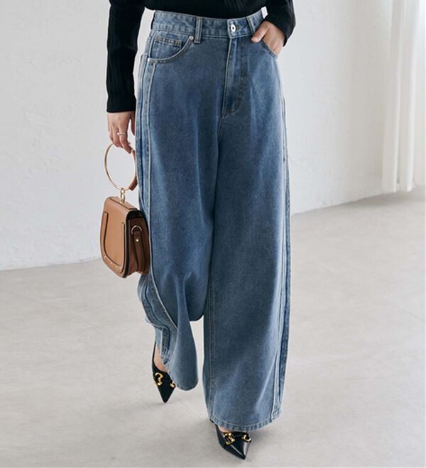 RANAN（ラナン）の「配色サイドフリンジワイドデニム（フルレングスパンツ）」｜詳細画像