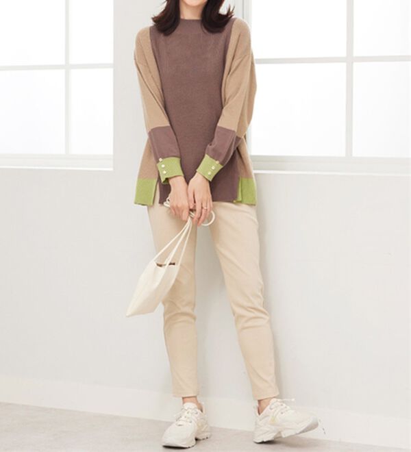 BELLUNA（ベルーナ）の「配色デザイン編地切替ニットプルオーバー（ニット・セーター）」｜詳細画像