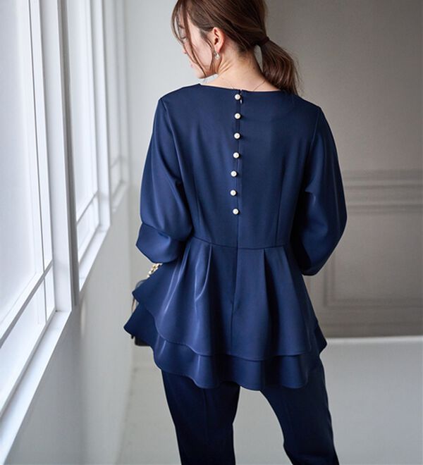 RANAN（ラナン）の「【２点セット】洗える！バックパール調ペプラムチュニックセットアップ（パンツスーツ）」｜詳細画像