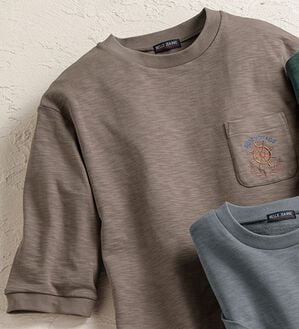 「ロゴ刺しゅう７分袖スウェットＴシャツ（メンズトレーナー）」｜ベージュ