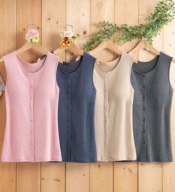 「【４色組】綿混のやさしい前開きタンクトップ（肌着・インナーウェア）」｜4色組