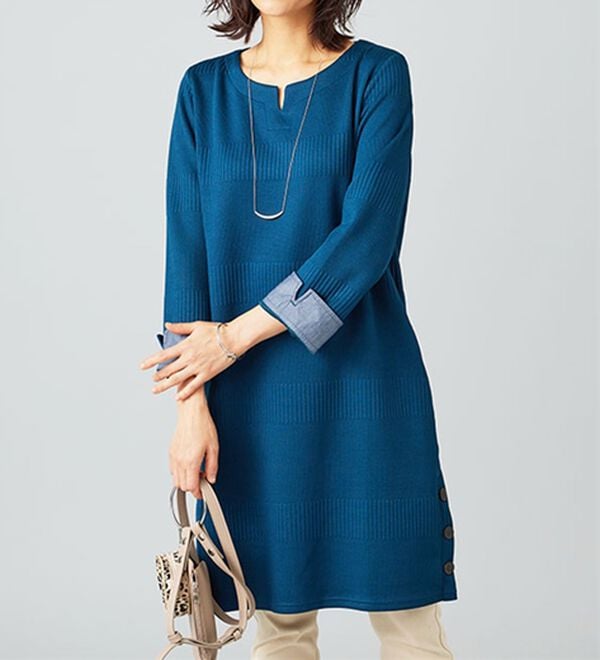 BELLUNA（ベルーナ）の「ボタン使いボーダージャカードワンピース（その他ワンピース）」｜詳細画像