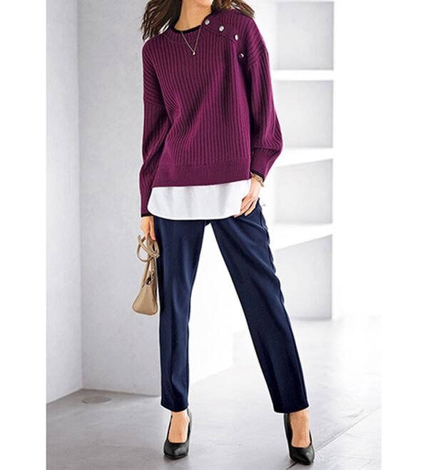 BELLUNA（ベルーナ）の「金ボタン使い重ね着風ニットチュニック（チュニック）」｜詳細画像