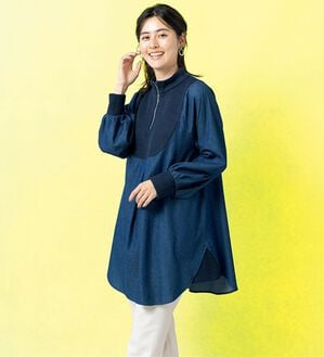 ルフラン（ルフラン）の「ニット&times;デニムのジップ使いチュニック（チュニック）」｜ネイビー系