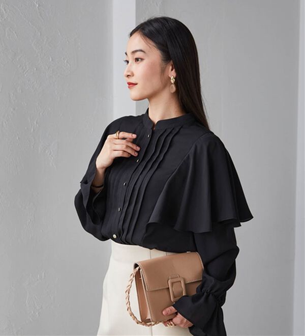 RANAN（ラナン）の「ピンタックフレアー長袖ブラウス（ブラウス）」｜ブラック