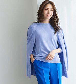 Pierrot（ピエロ）の「【洗濯機で洗える】丈・ネックが選べるシルクタッチニットカーディガン（ニットカーディガン）」｜ブルー